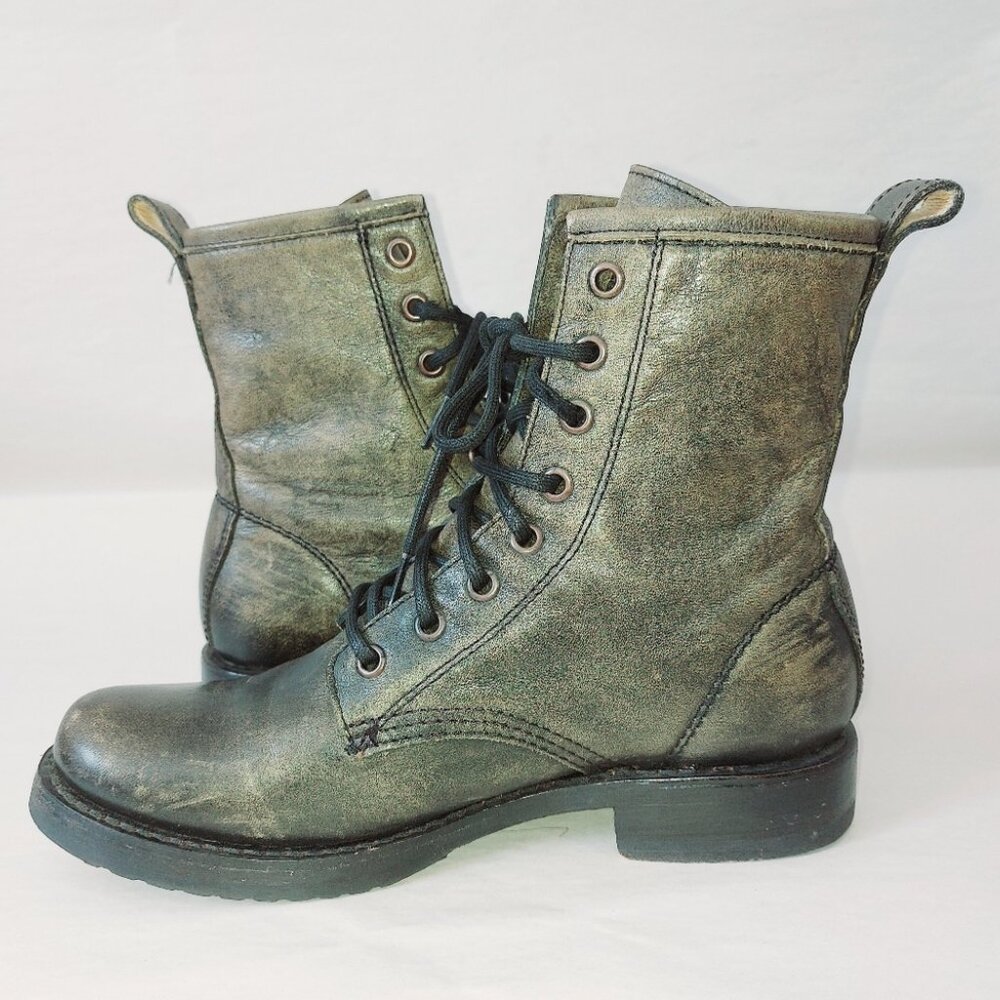 Frye Gypsy Laceup Veronica Combat Boots 6 B Green Burnished Leather Mid-Calf - Picture 9 of 12